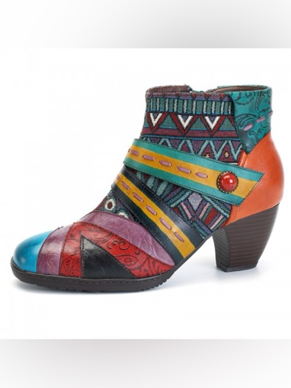 SOCOFY Bohemian Stitching Pattern Zipper Ankle Leather Boots Shoes
